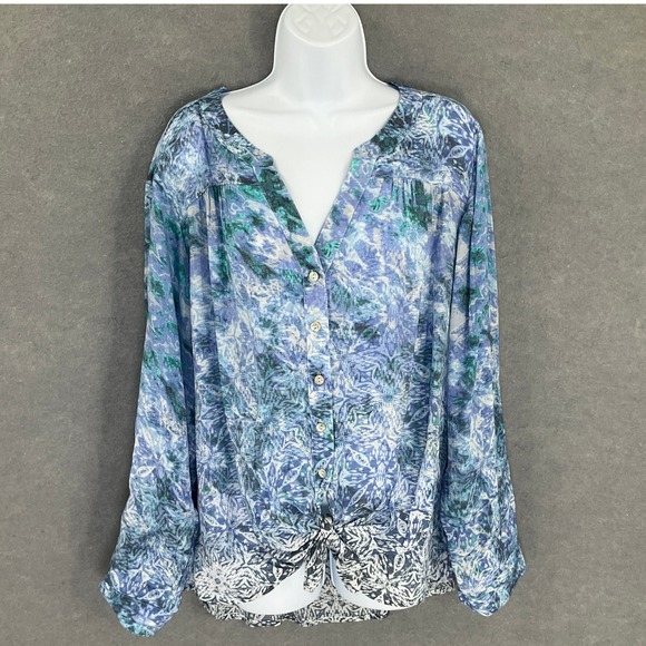 Zac & Rachel Top Woman Sz 1X Blue Floral Print Button Tie Front Bohemian - Picture 1 of 9
